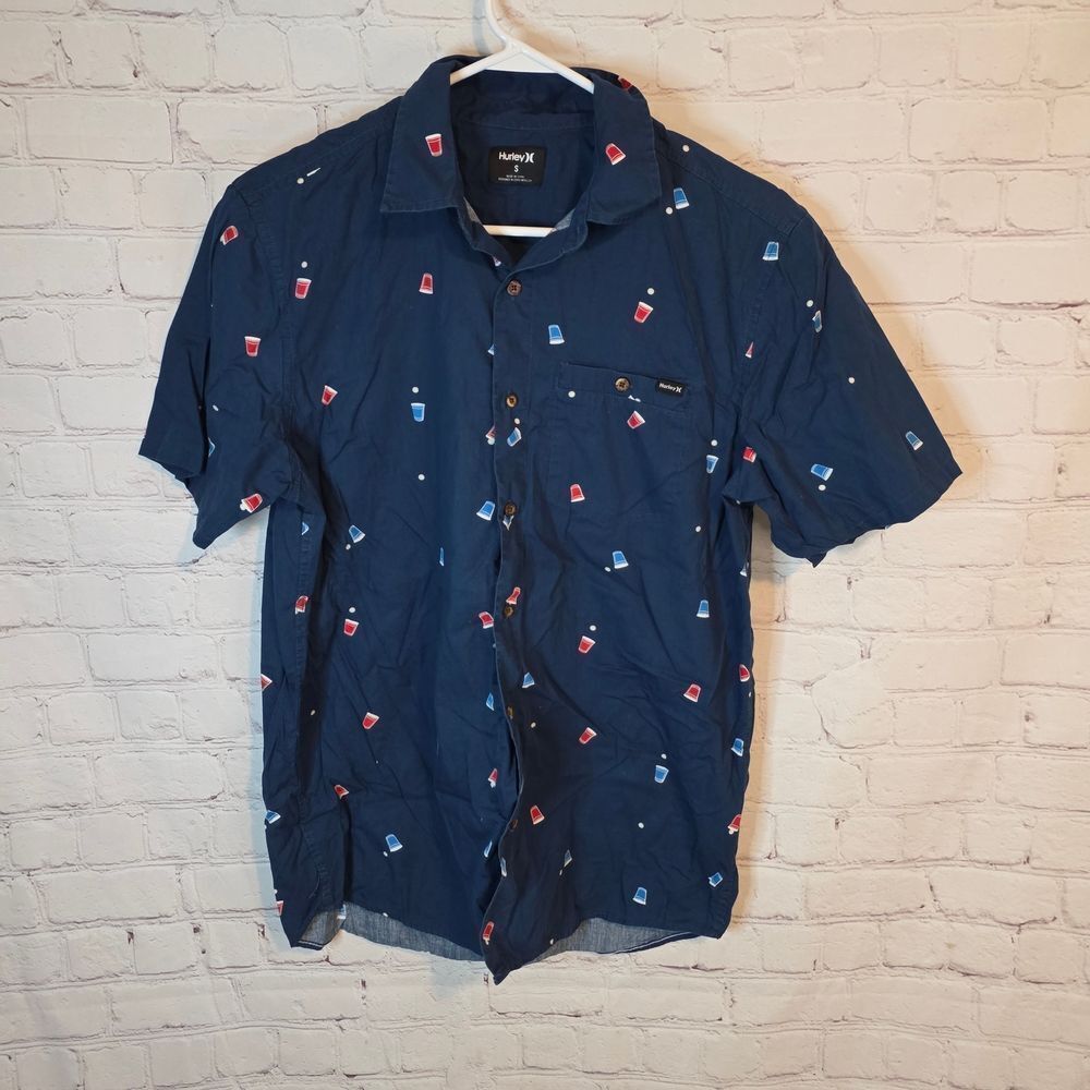 Hurley Men's Casual Button-Down Navy Shirt with Red and Blue Patterns, Size Smal